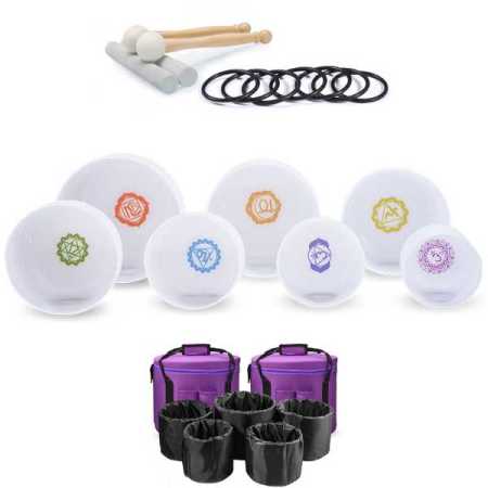 432Hz 6 12 Base Chakra 7pcs Frosted Quartz Crystal Singing Set with Carry Bags