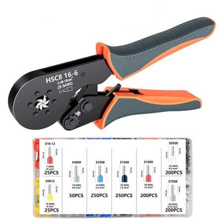 HSC8 16 6 Hexagonal Wire Ferrule Crimper Tool with 1200pc Terminals