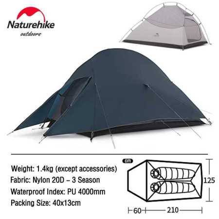 Naturehike 2 Person Ultralight Tent Only 1.4kg Black